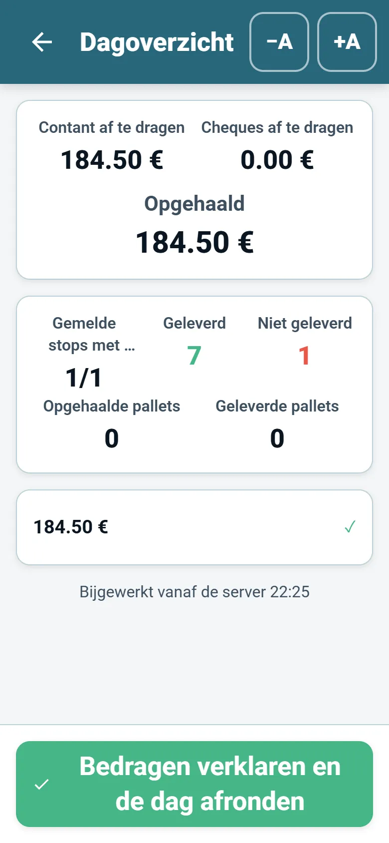 Dagoverzicht in de chauffeursapp van OptiRoutes met geïnde totalen en de verklaring van de chauffeur