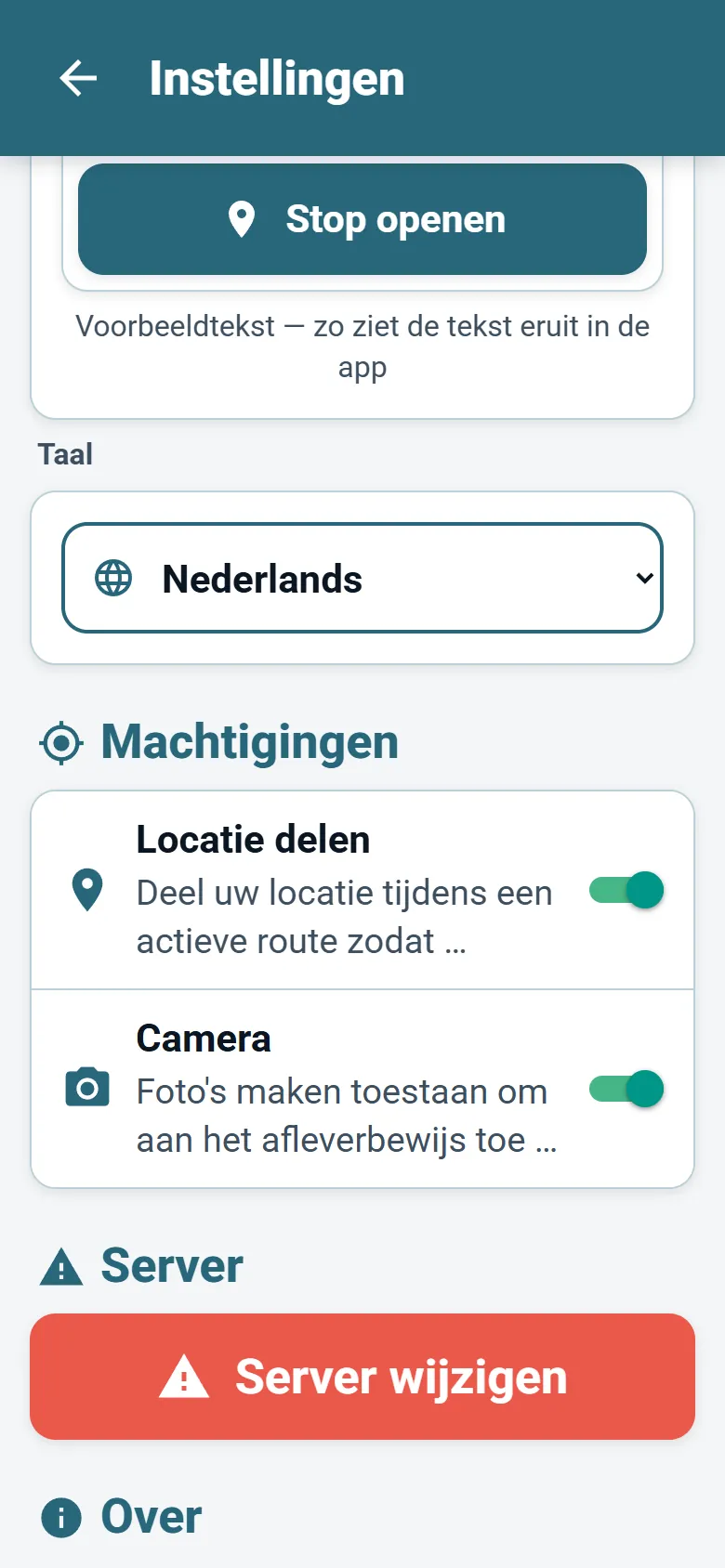 Menu van de chauffeursapp van OptiRoutes met de taalkeuze en de opties voor de weergavemodus