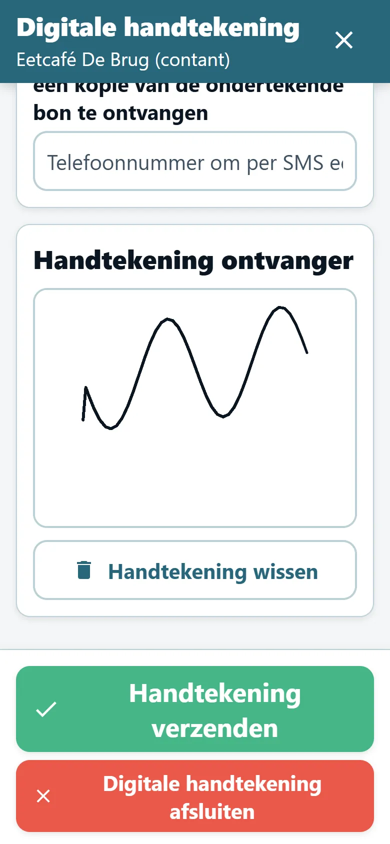 Scherm voor afleverbewijs in de chauffeursapp van OptiRoutes met een tekenveld en een getekende handtekening