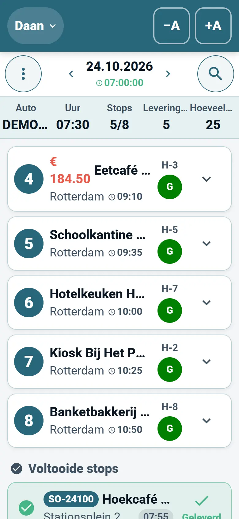 Chauffeursapp van OptiRoutes met de route van vandaag als lijst van leveringsstops
