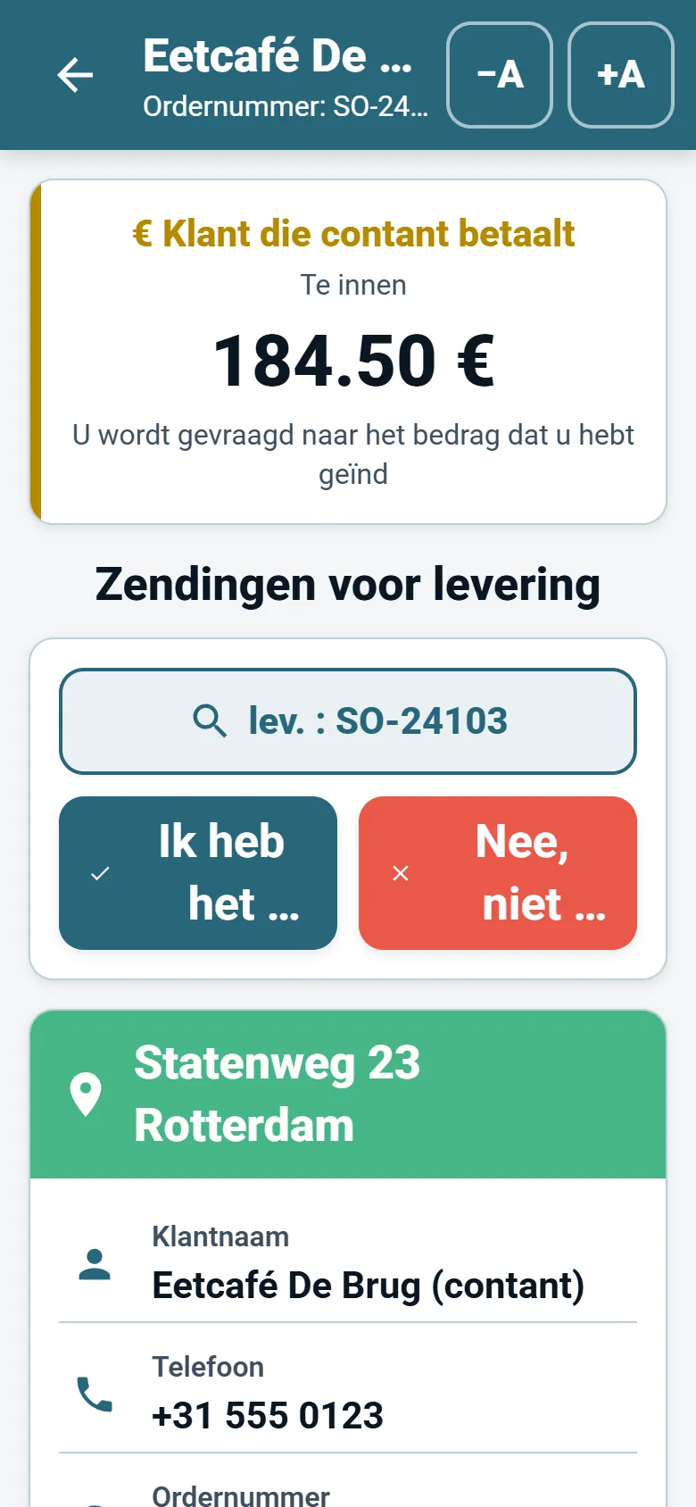 Stopscherm in de chauffeursapp van OptiRoutes met klantgegevens, navigatieknop en knoppen voor leveringsrapporten