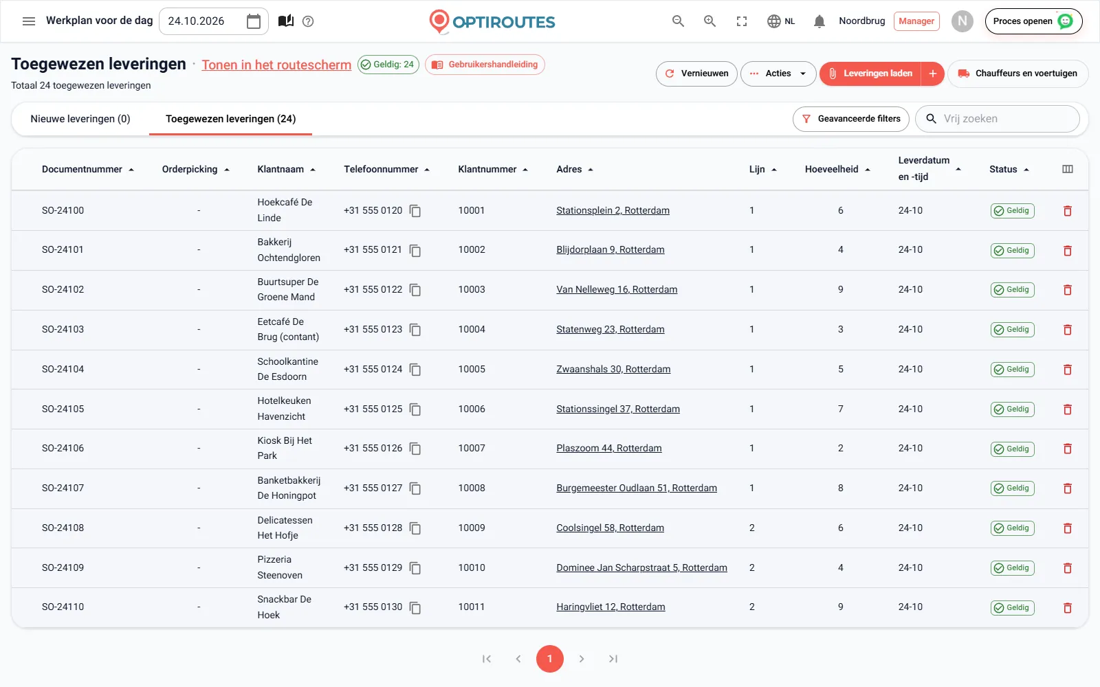 Orderscherm van OptiRoutes met een lijst leveringen en hun adresstatus