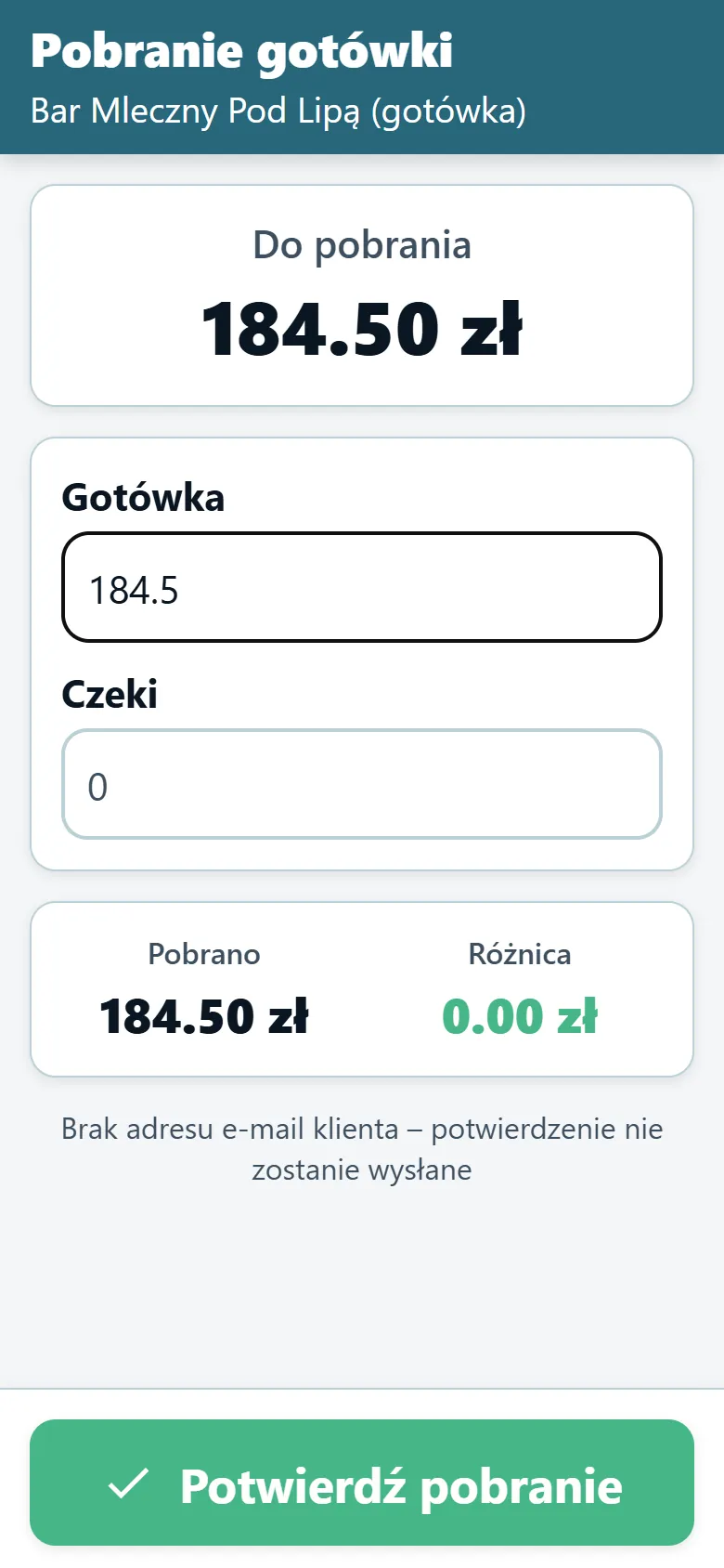 Ekran pobrania gotówki w aplikacji kierowcy OptiRoutes z kwotą do zapłaty i polami na gotówkę i czeki