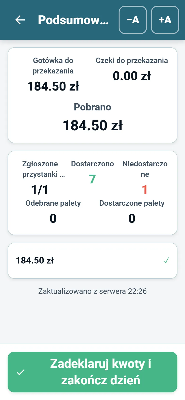 Podsumowanie dnia w aplikacji kierowcy OptiRoutes z sumami pobrań i deklaracją kierowcy