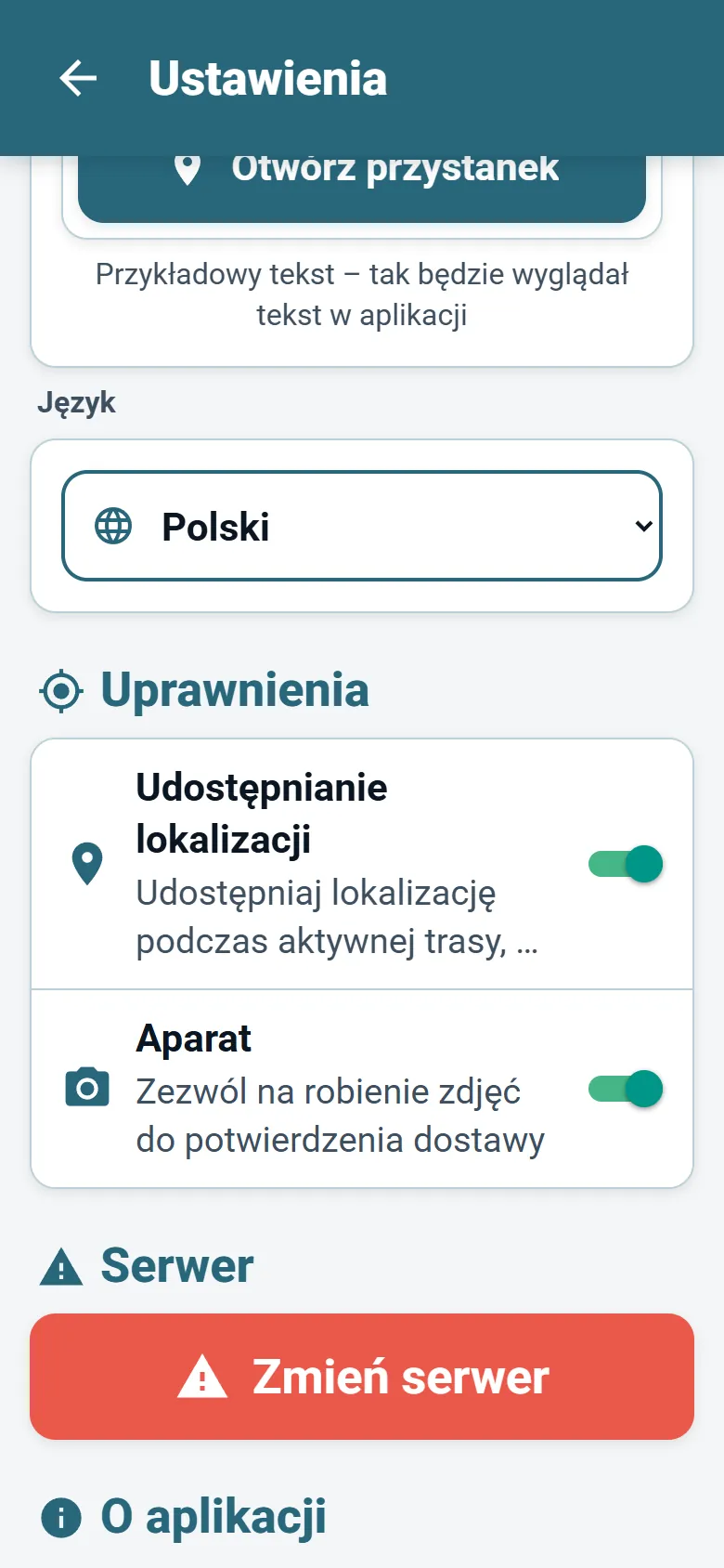 Menu aplikacji kierowcy OptiRoutes z wyborem języka i opcjami trybu wyświetlania