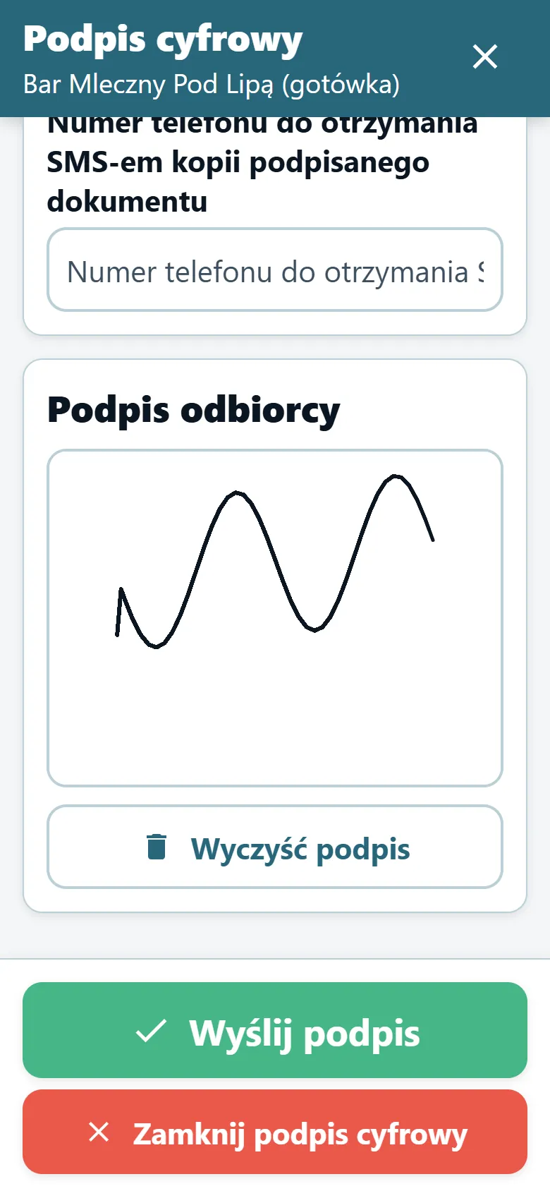 Ekran potwierdzenia dostawy w aplikacji kierowcy OptiRoutes z polem podpisu i złożonym podpisem