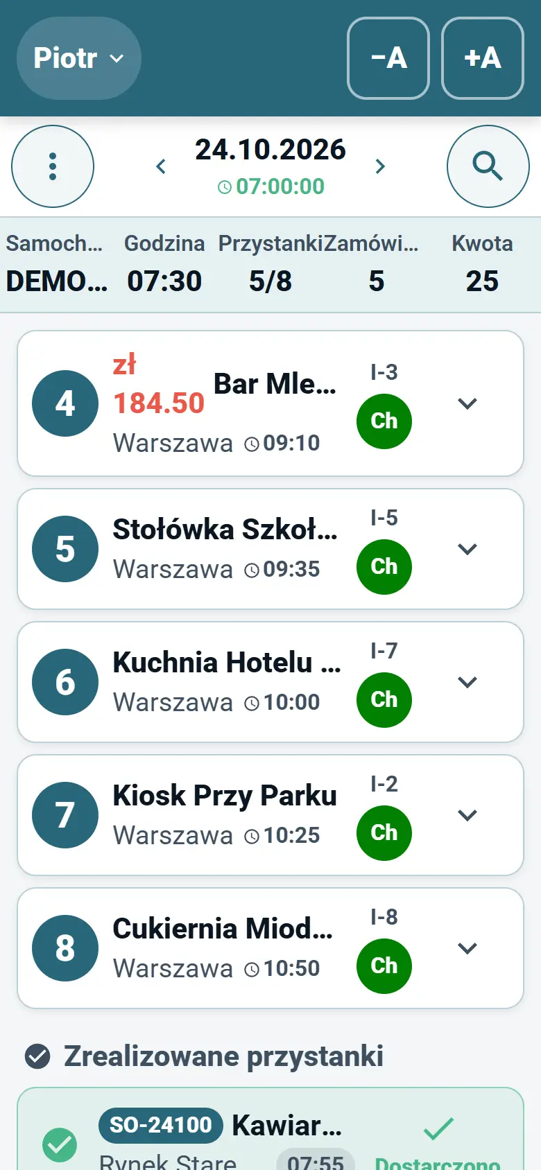 Aplikacja kierowcy OptiRoutes z dzisiejszą trasą w postaci listy przystanków dostaw