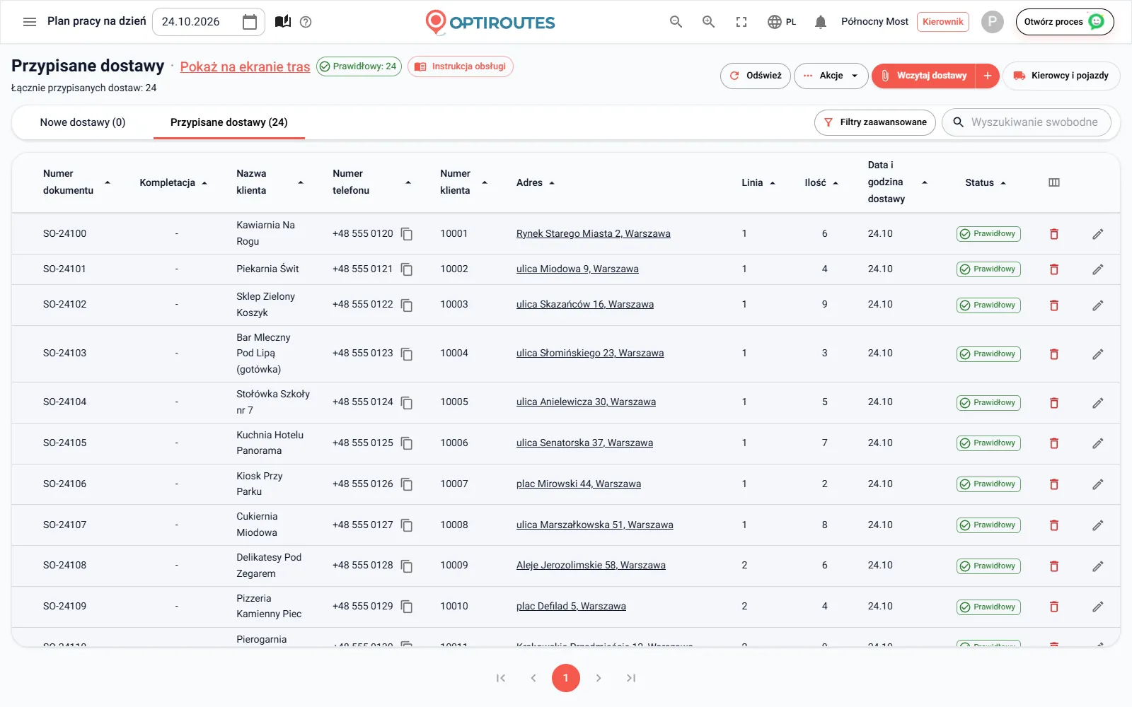 Ekran zamówień OptiRoutes z listą dostaw i ich statusem adresu