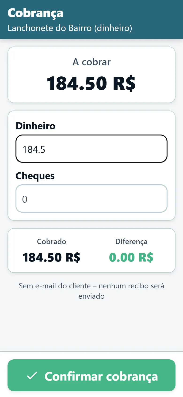 Tela de recebimento em dinheiro do app do motorista da OptiRoutes com o valor a receber e campos para dinheiro e cheques