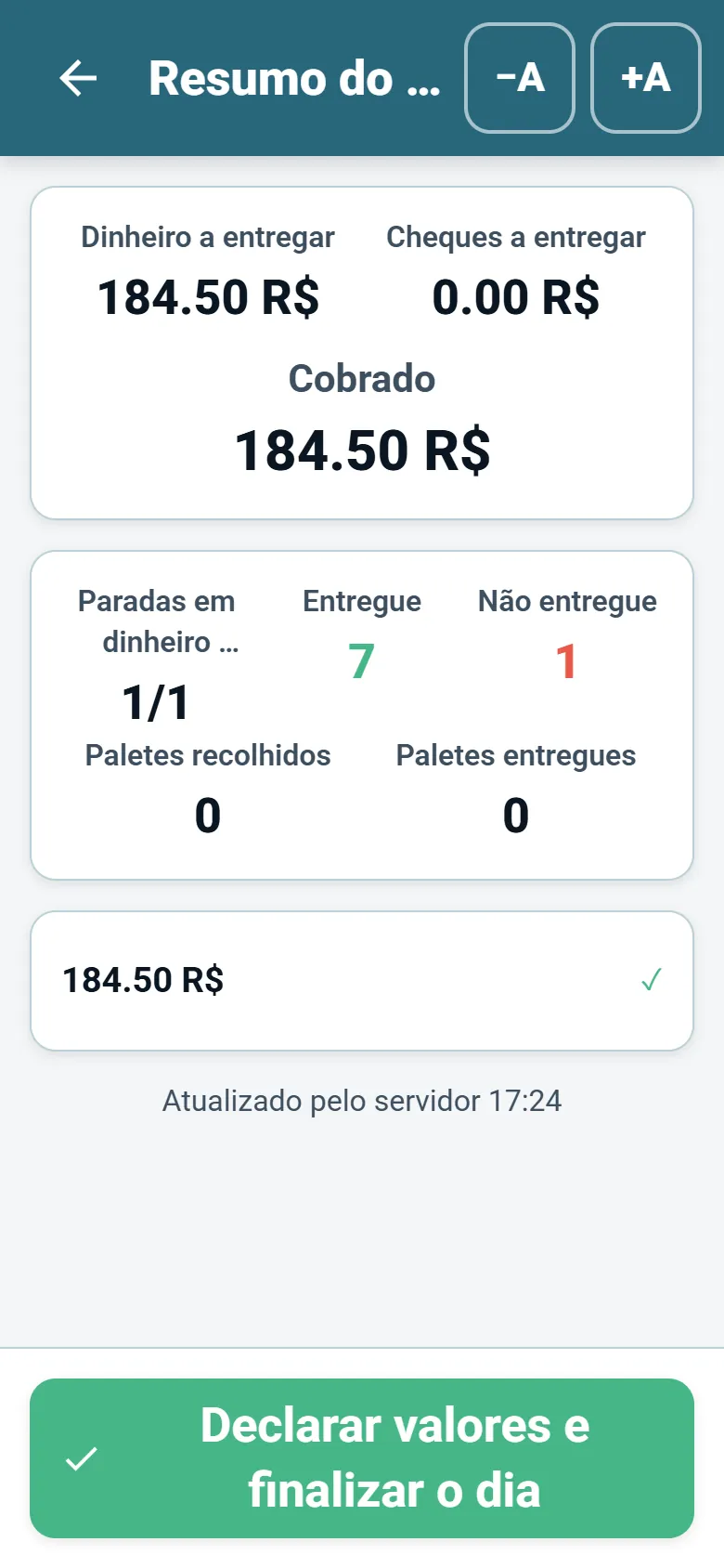Resumo do fim do dia no app do motorista da OptiRoutes com os totais recebidos e a declaração do motorista
