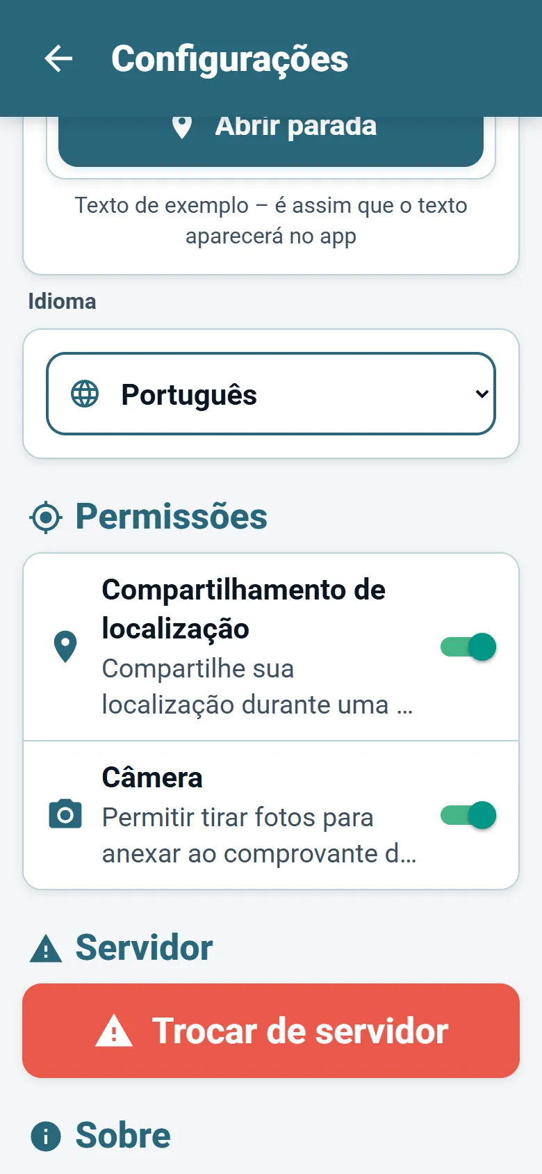 Menu do app do motorista da OptiRoutes com o seletor de idioma e as opções de modo de exibição