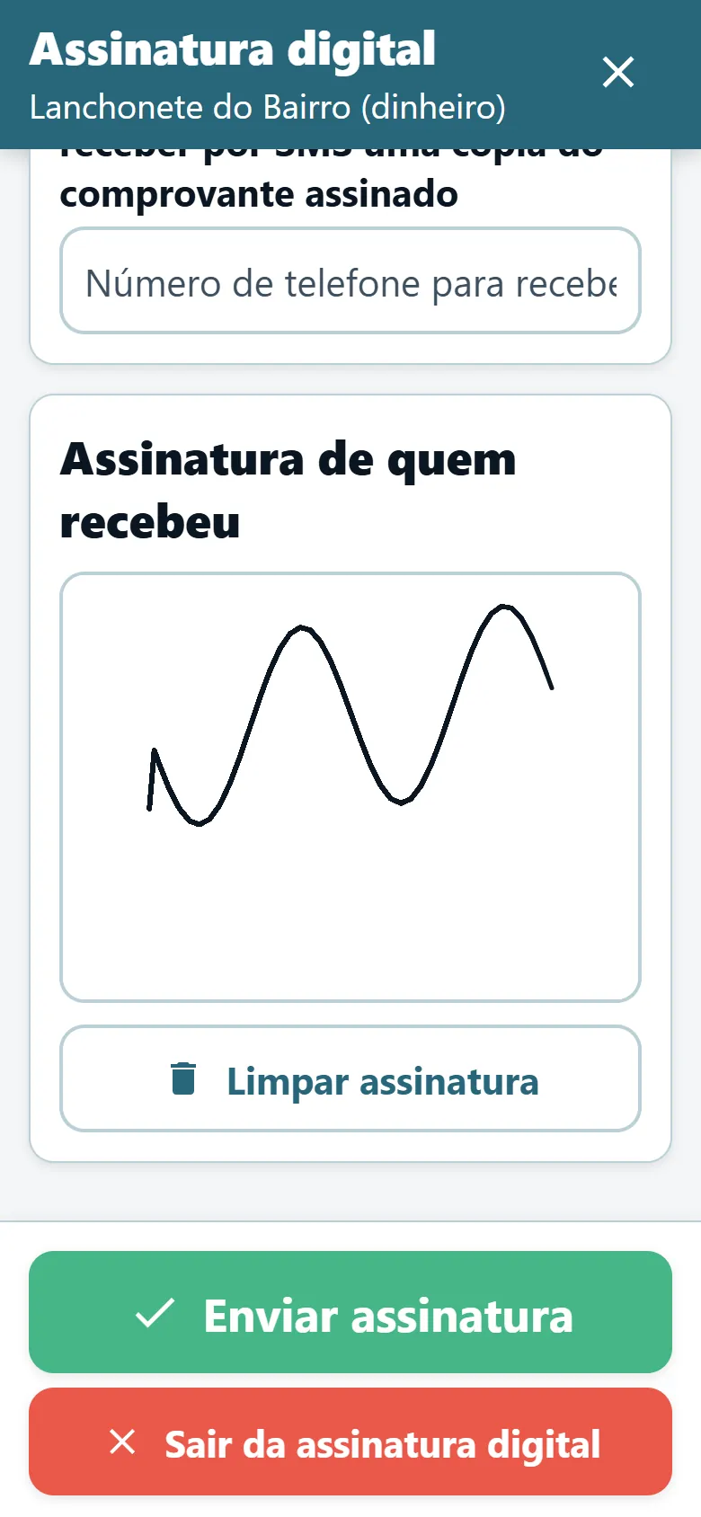 Tela de comprovante de entrega do app do motorista da OptiRoutes com área de assinatura e uma assinatura desenhada