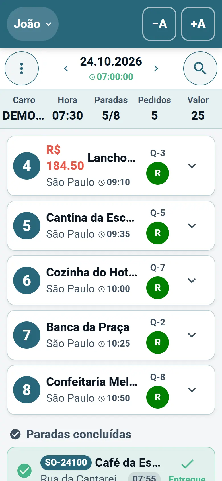 App do motorista da OptiRoutes mostrando a rota do dia como uma lista de paradas de entrega