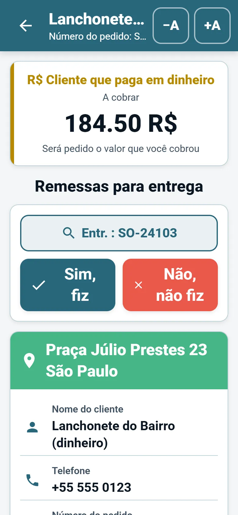 Tela de parada do app do motorista da OptiRoutes com dados do cliente, botão de navegação e botões de registro de entrega