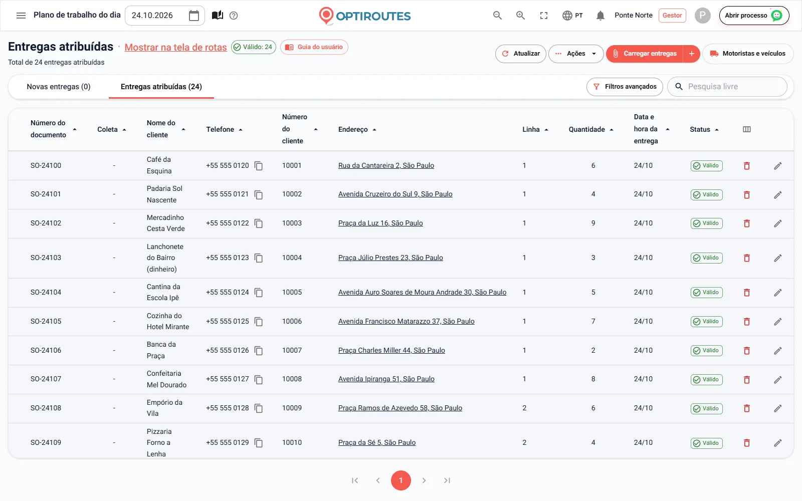 Tela de pedidos da OptiRoutes listando as entregas do dia com indicadores de status de endereço e uma coluna de seleção