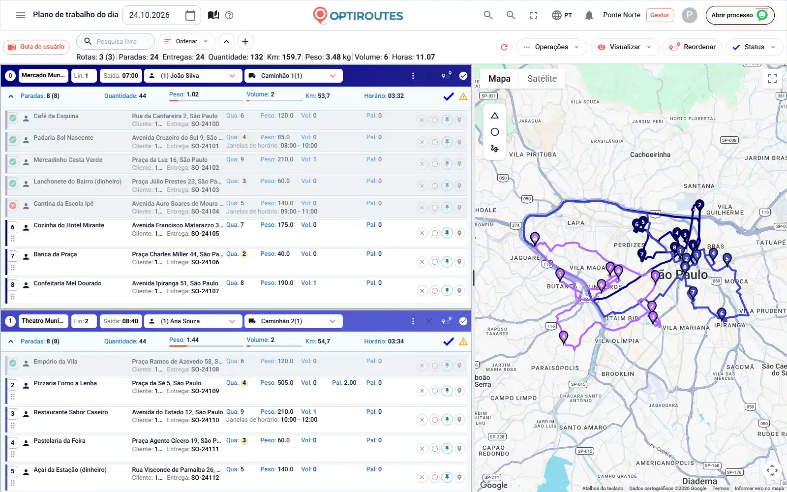 Tela de rotas da OptiRoutes com três rotas de entrega coloridas em um mapa e os cartões das rotas ao lado