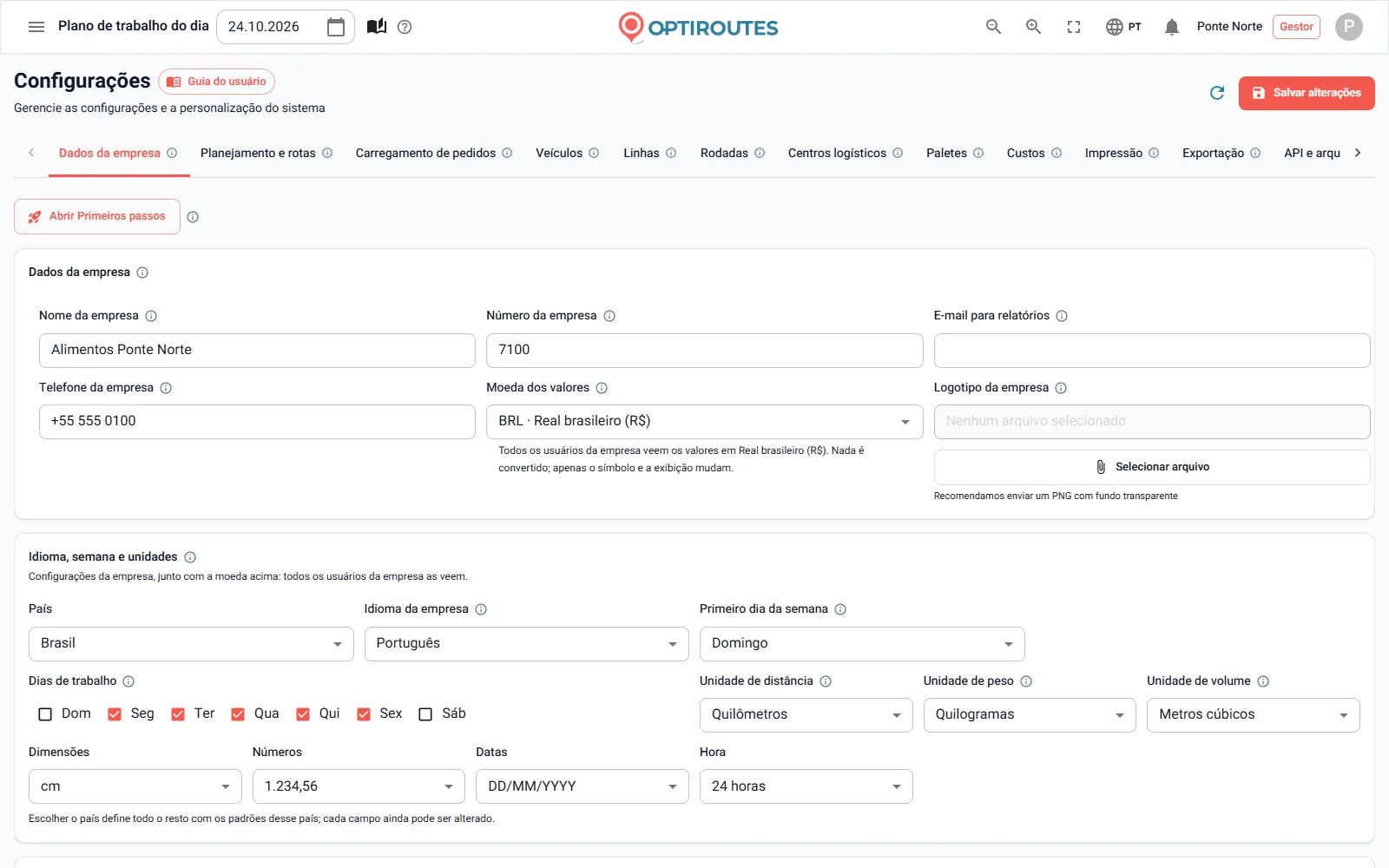 Tela de configurações da OptiRoutes com idioma da empresa, moeda, unidades e primeiro dia da semana