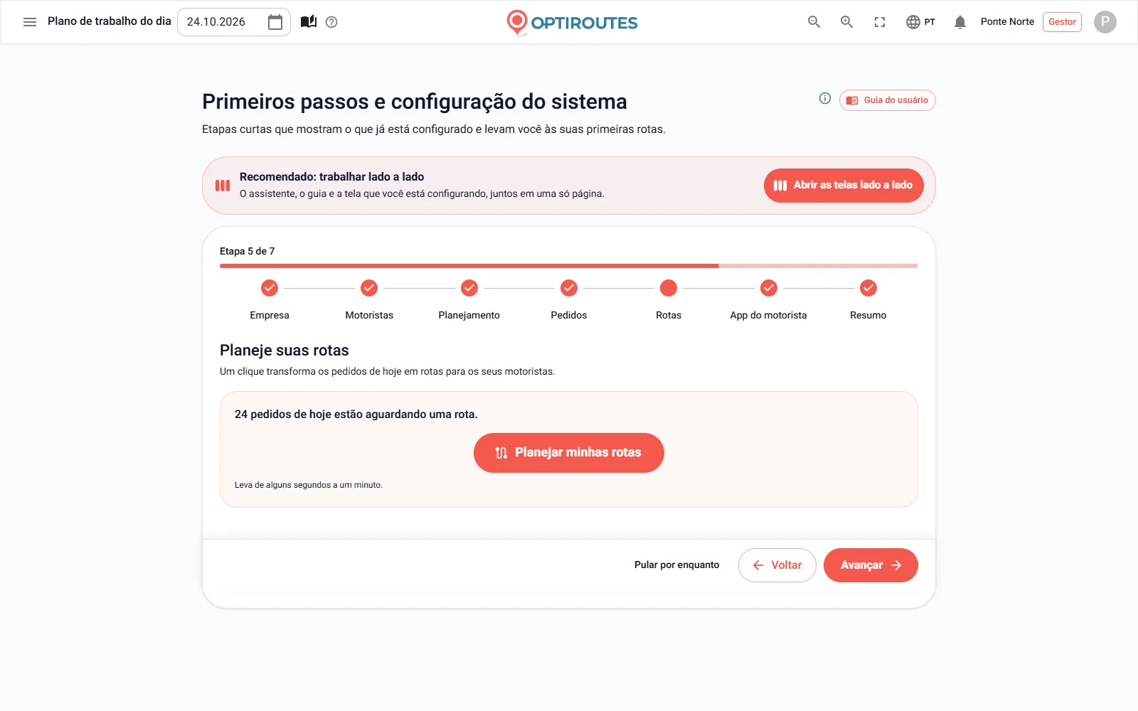 Assistente de primeiros passos da OptiRoutes, etapa 5, com o botão Planejar minhas rotas