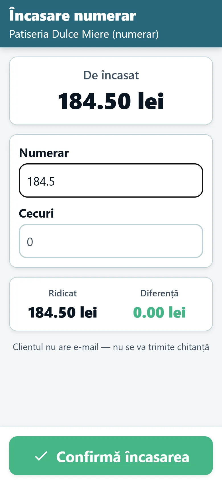 Ecranul de încasare a numerarului din aplicația OptiRoutes pentru șoferi, cu suma de încasat și câmpurile pentru numerar și cecuri