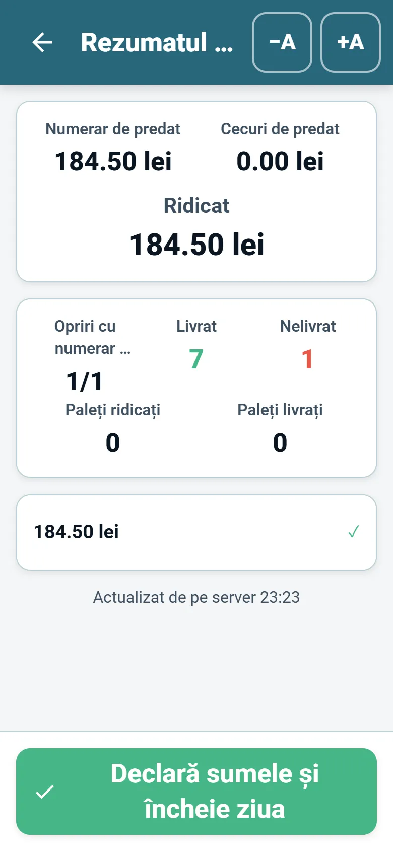 Rezumatul de sfârșit de zi din aplicația OptiRoutes pentru șoferi, cu totalurile încasate și declarația șoferului