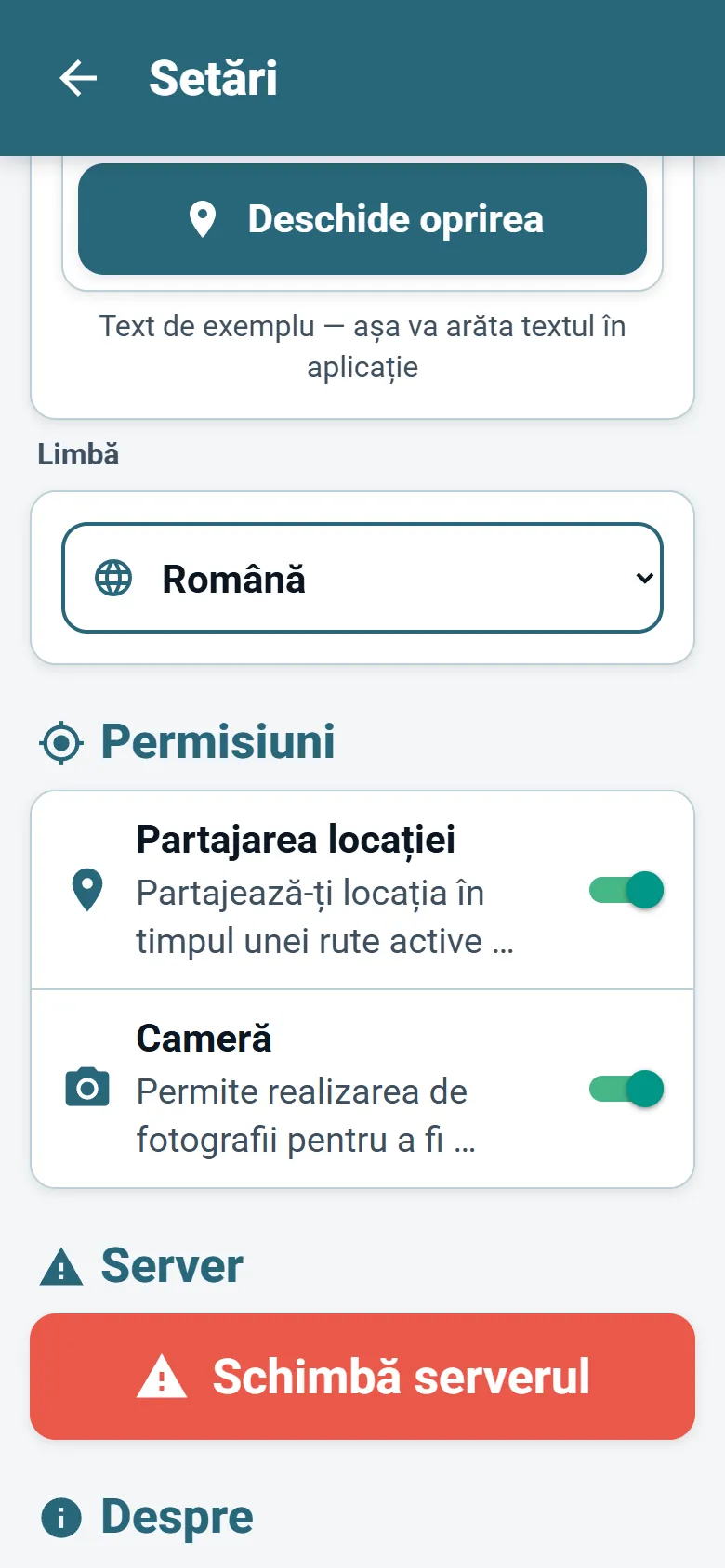 Meniul aplicației OptiRoutes pentru șoferi, cu selectorul de limbă și opțiunile modului de afișare