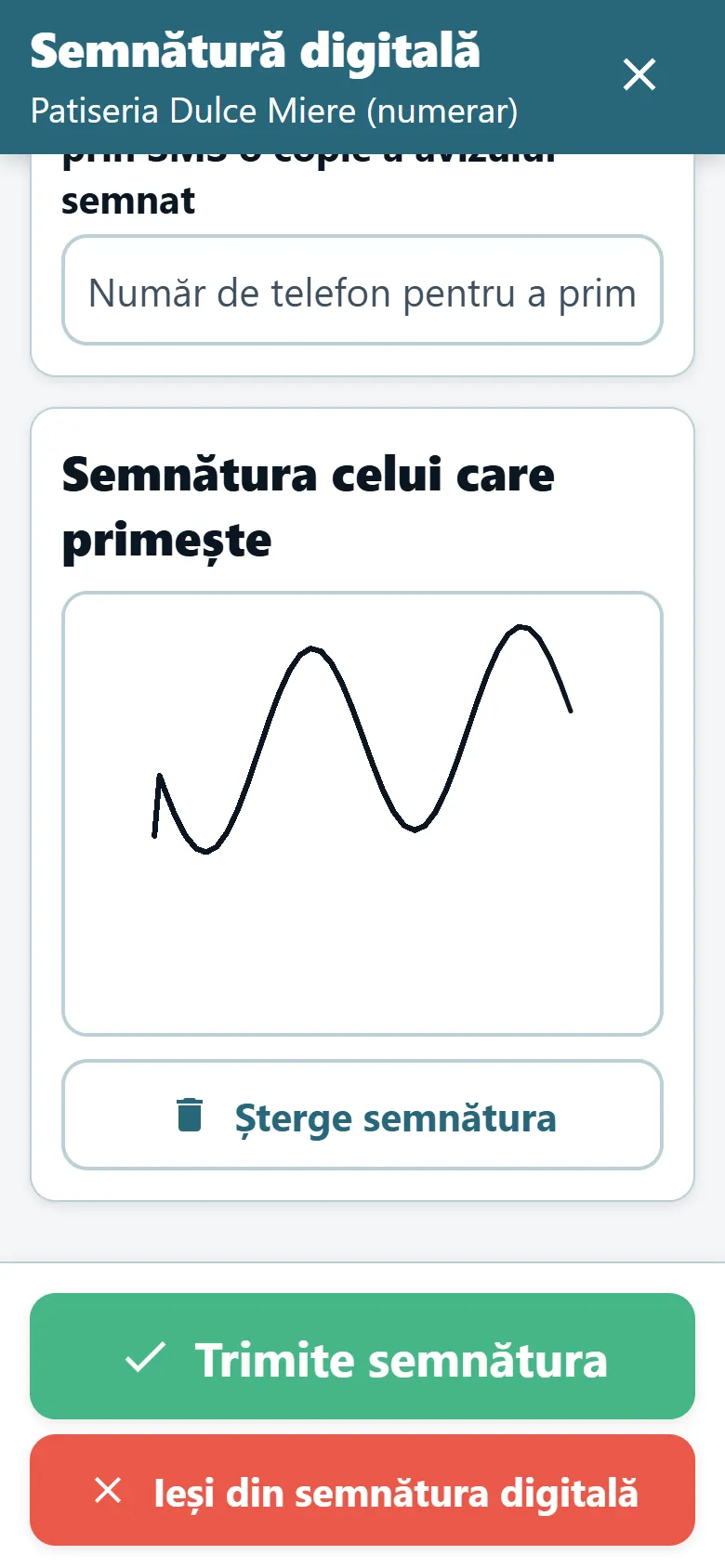 Ecranul de dovadă a livrării din aplicația OptiRoutes pentru șoferi, cu zonă de semnătură și o semnătură desenată