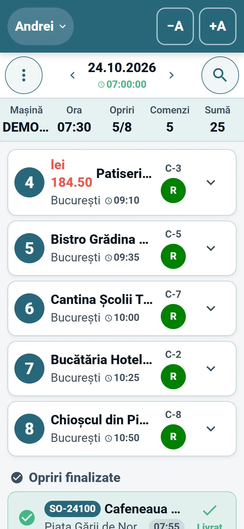 Aplicația OptiRoutes pentru șoferi, cu ruta zilei afișată ca listă de opriri de livrare