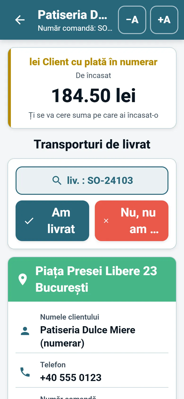 Ecranul unei opriri în aplicația OptiRoutes pentru șoferi, cu detaliile clientului, butonul de navigare și butoanele de raportare a livrării