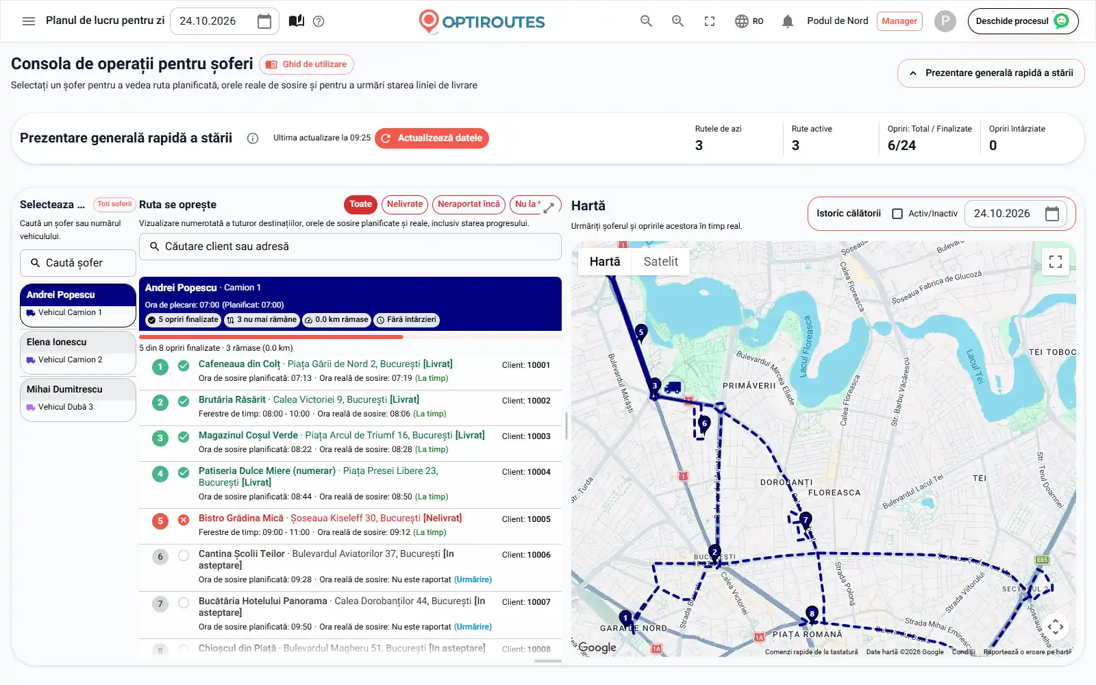 Ecranul Distribuție în timp real din OptiRoutes, cu rutele șoferilor pe o hartă live și o listă de opriri cu stări