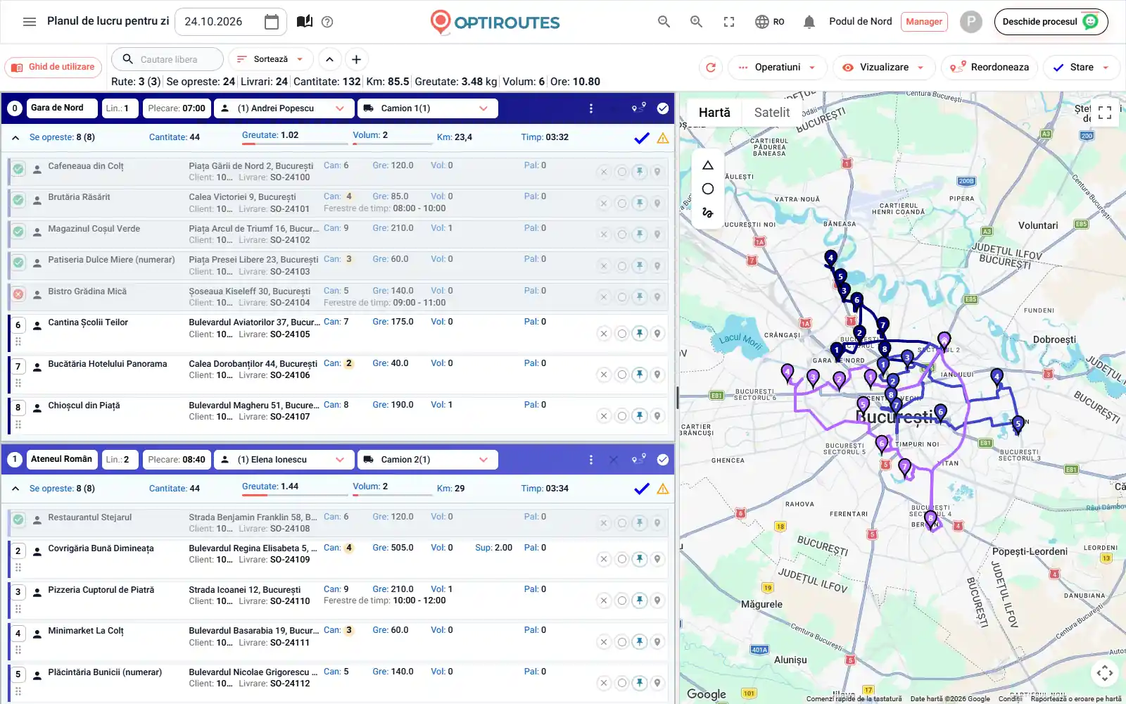 Ecranul de rute OptiRoutes, cu trei rute de livrare colorate pe hartă și carduri de rută alături
