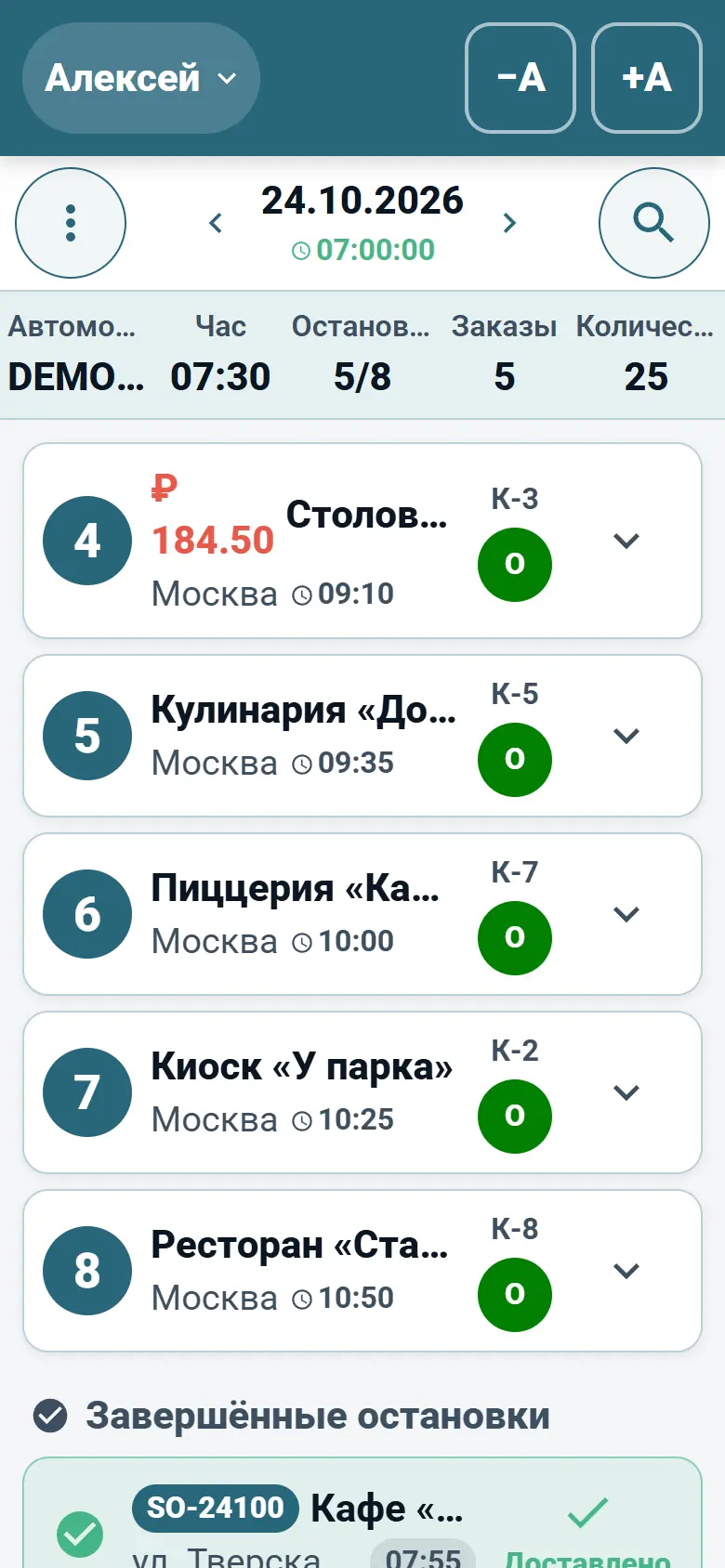 Приложение водителя OptiRoutes с маршрутом на сегодня в виде списка остановок доставки