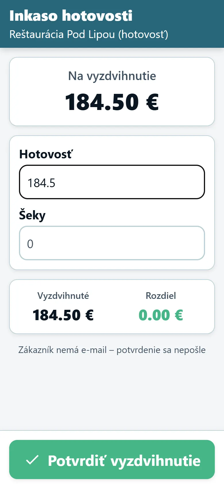 Obrazovka výberu hotovosti v aplikácii pre vodičov OptiRoutes so sumou na úhradu a poľami pre hotovosť a šeky