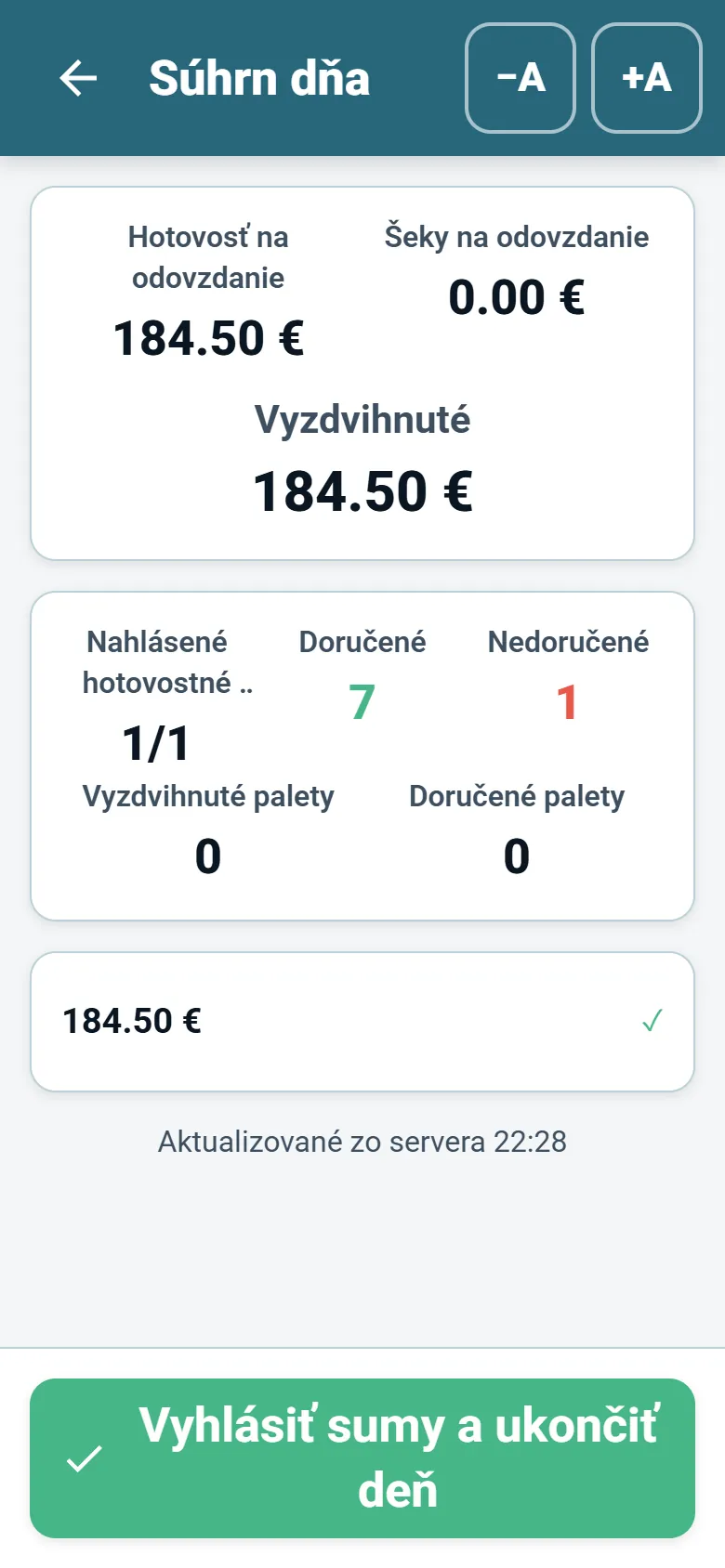 Súhrn na konci dňa v aplikácii pre vodičov OptiRoutes s vybranými súčtami a vyhlásením vodiča