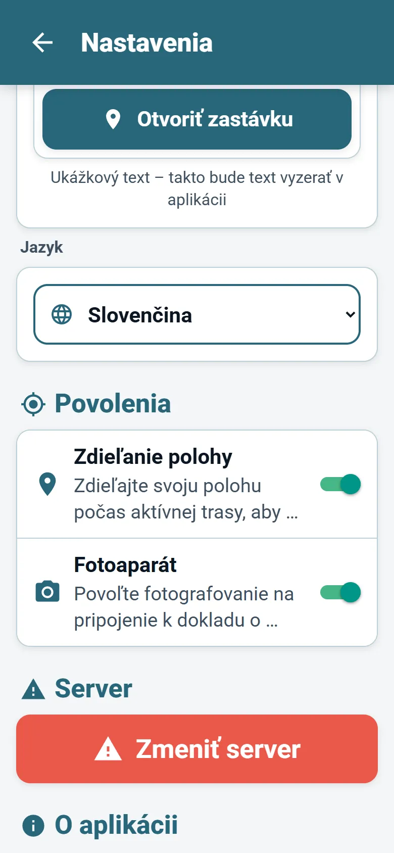 Menu aplikácie pre vodičov OptiRoutes s výberom jazyka a možnosťami režimu zobrazenia