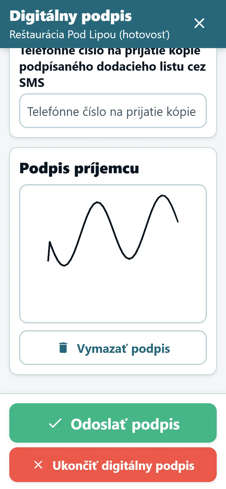 Obrazovka dokladu o doručení v aplikácii pre vodičov OptiRoutes s podpisovou plochou a nakresleným podpisom