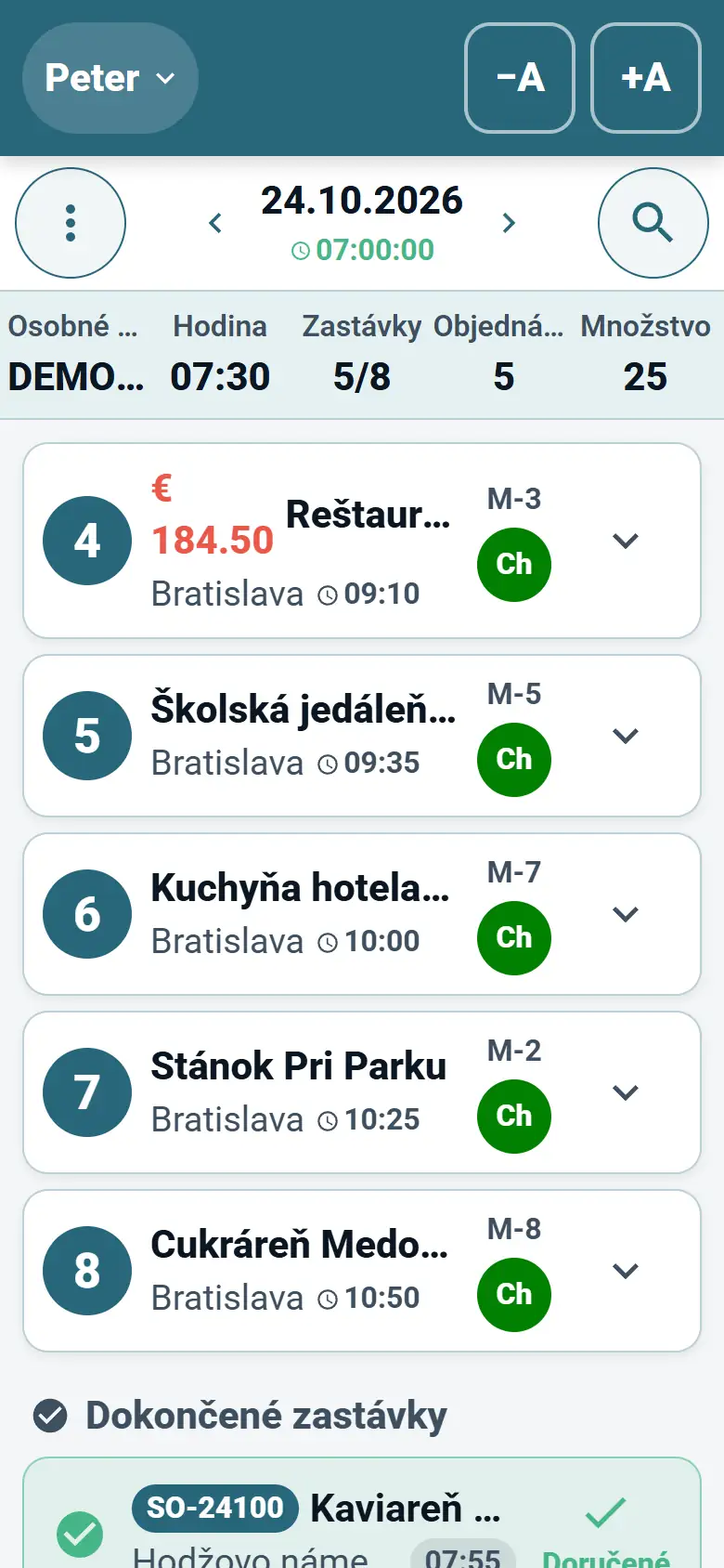 Aplikácia pre vodičov OptiRoutes zobrazujúca dnešnú trasu ako zoznam doručovacích zastávok