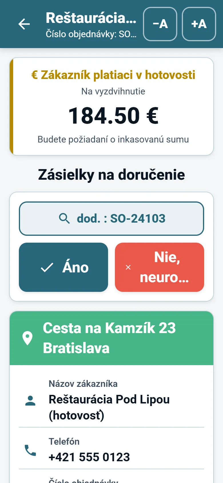 Obrazovka zastávky v aplikácii pre vodičov OptiRoutes s údajmi o zákazníkovi, tlačidlom navigácie a tlačidlami hlásenia doručenia