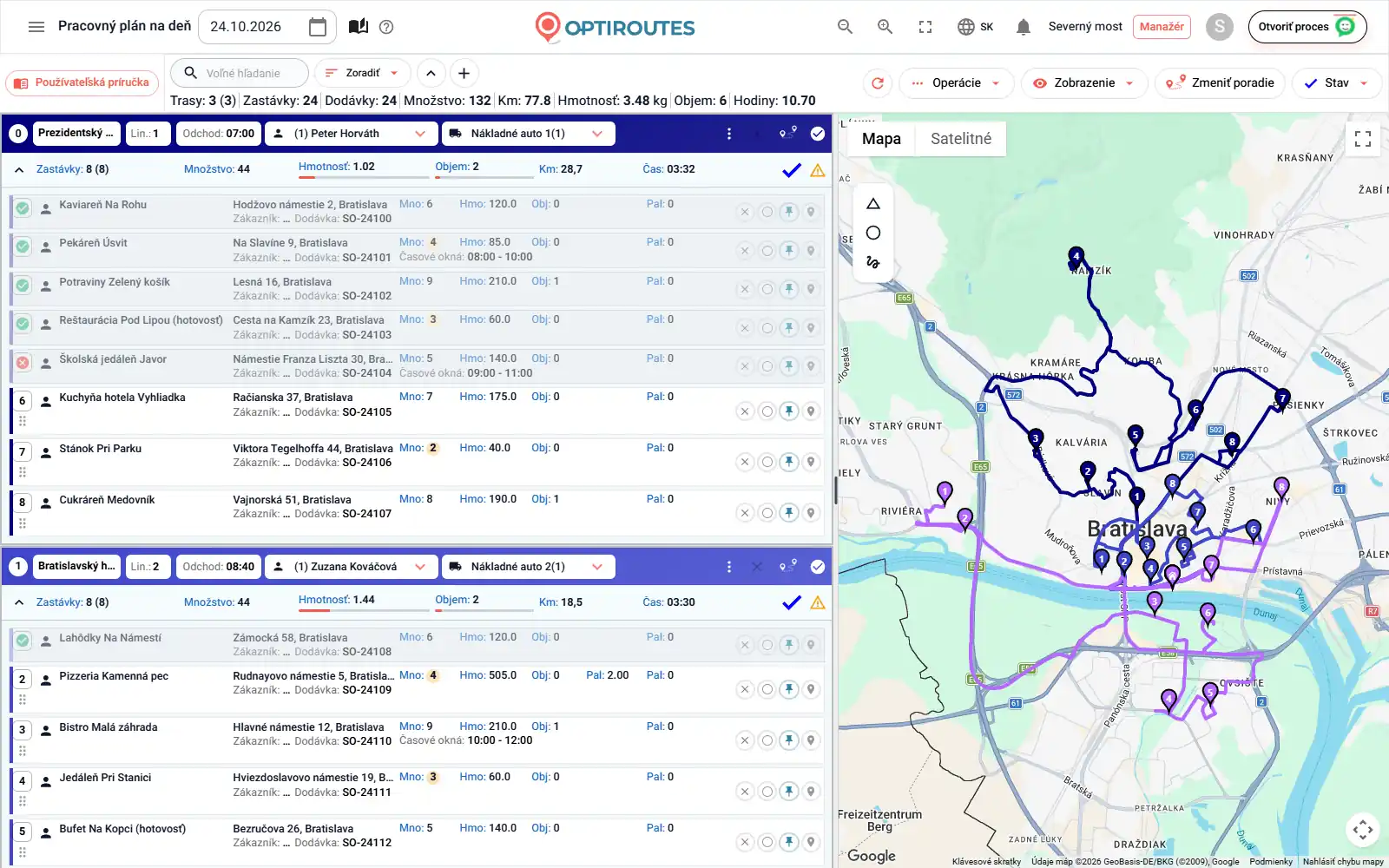 Obrazovka trás v OptiRoutes s kartami trás zobrazujúcimi zastávky, hmotnosť, objem a počty paliet