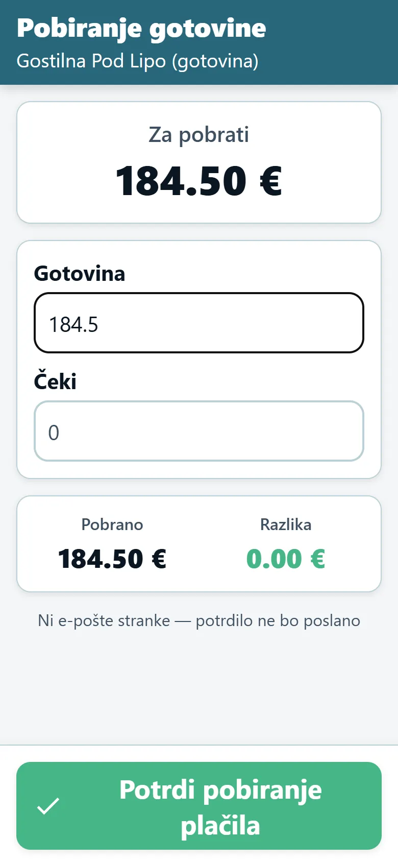 Zaslon za pobiranje gotovine v aplikaciji OptiRoutes za voznike z zneskom za plačilo in polji za gotovino in čeke