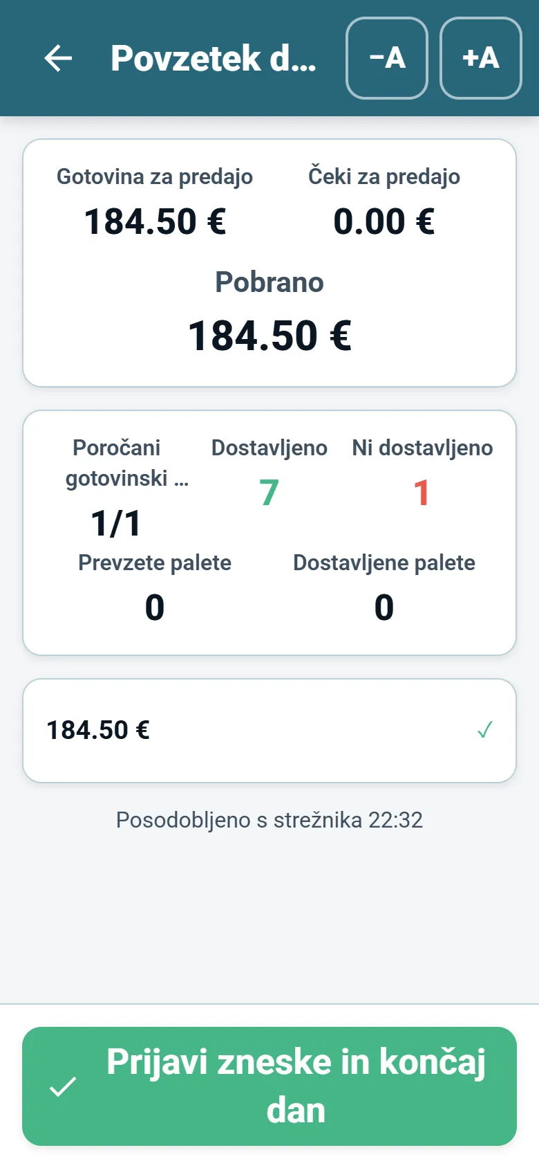 Povzetek ob koncu dneva v aplikaciji OptiRoutes za voznike s pobranimi seštevki in izjavo voznika