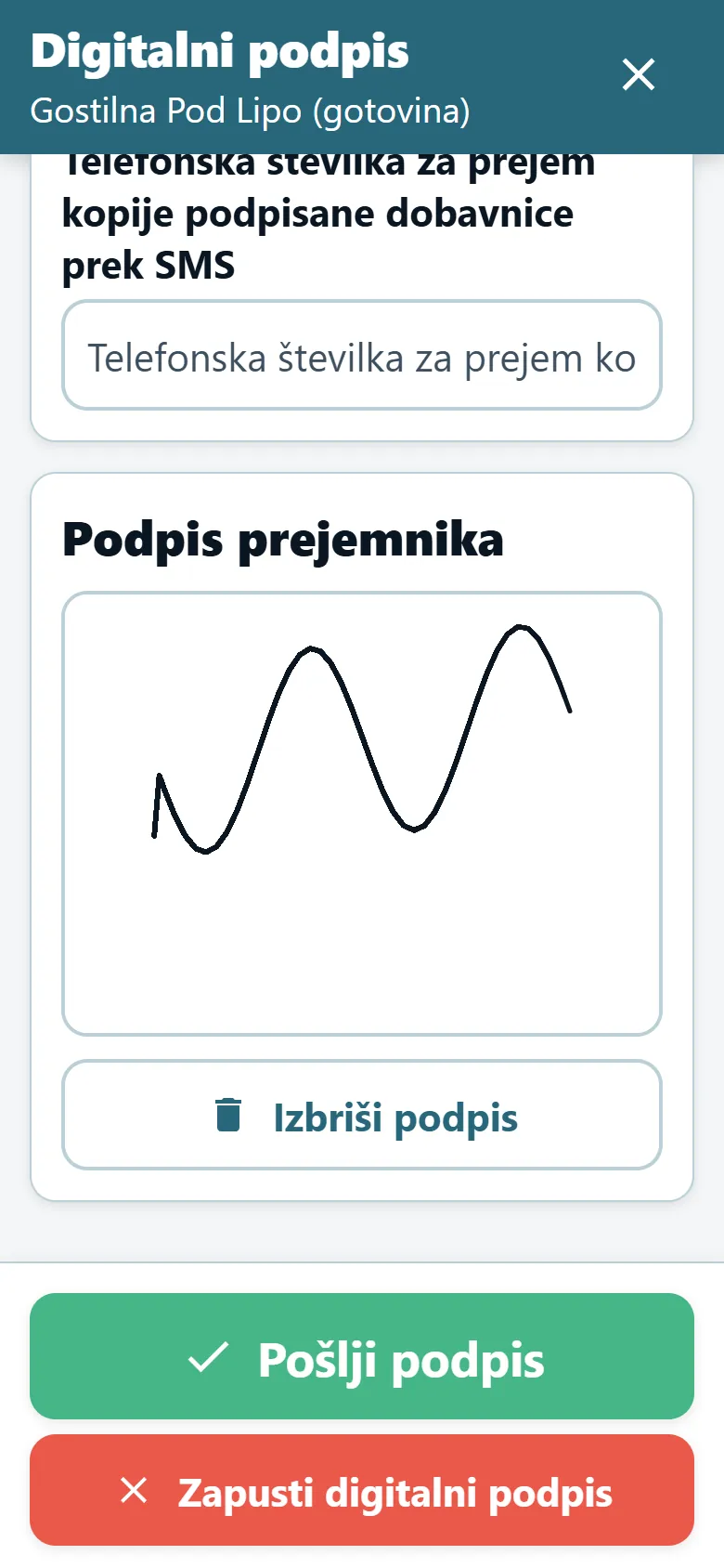 Zaslon dokazila o dostavi v aplikaciji OptiRoutes za voznike s poljem za podpis in narisanim podpisom