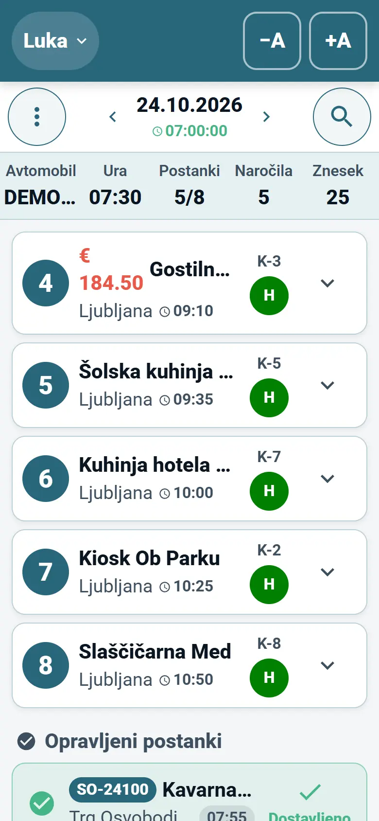 Aplikacija OptiRoutes za voznike z današnjo potjo kot seznamom dostavnih postankov