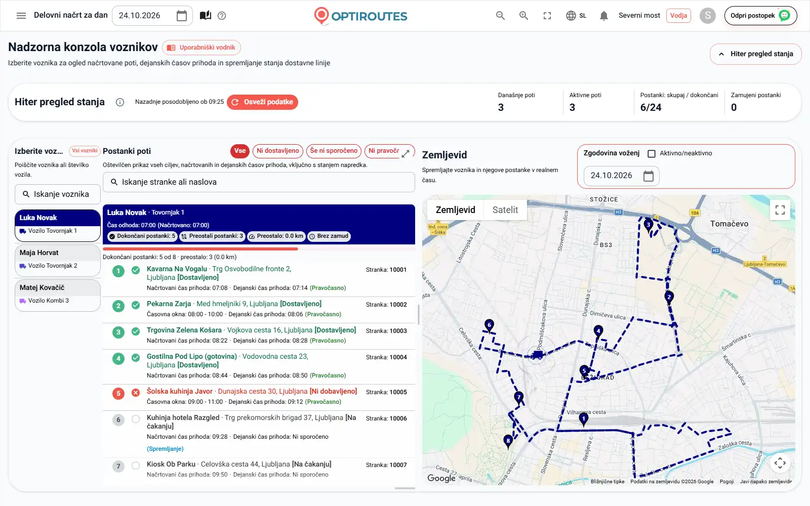 Seznam dispečinga v živo OptiRoutes s postanki, označenimi kot pravočasni, zamujeni ali prezgodnji glede na njihova časovna okna