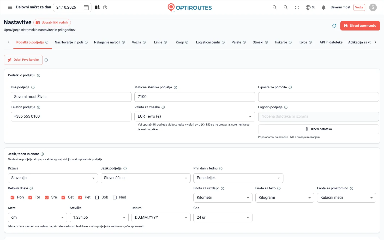 Zaslon nastavitev OptiRoutes z jezikom podjetja, valuto, enotami in prvim dnem v tednu