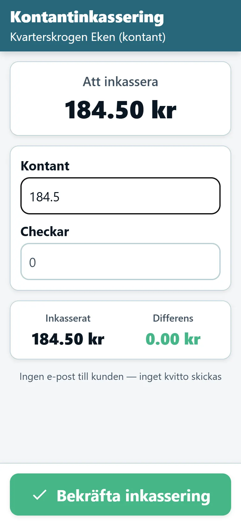 Inkasseringsskärmen i OptiRoutes förarapp med belopp att betala och fält för kontanter och checkar