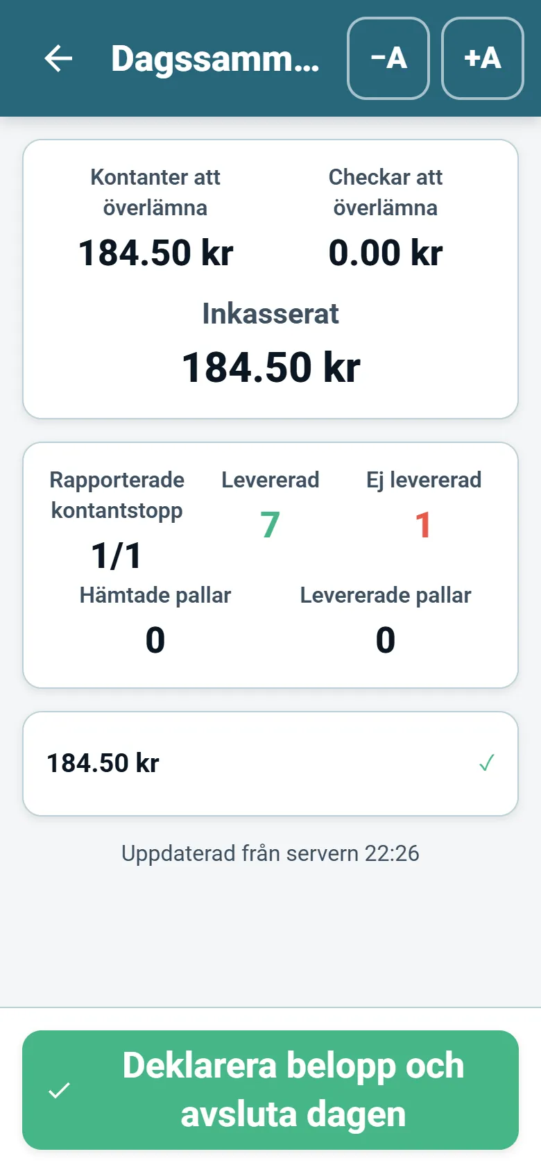 Sammanfattning vid dagens slut i OptiRoutes förarapp med inkasserade totaler och förarens deklaration