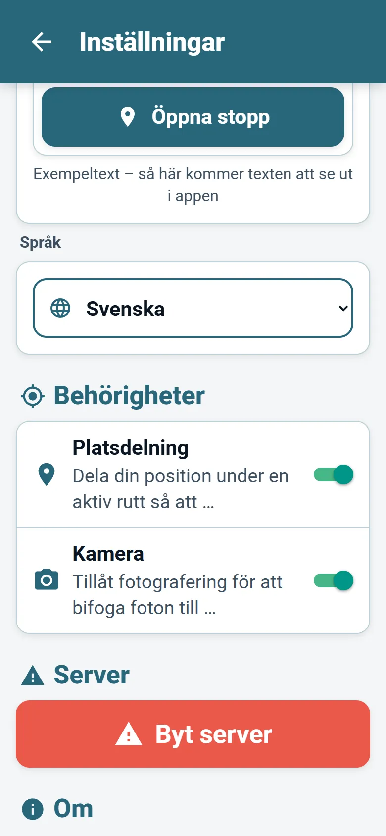 Menyn i OptiRoutes förarapp med språkväljare och alternativ för visningsläge