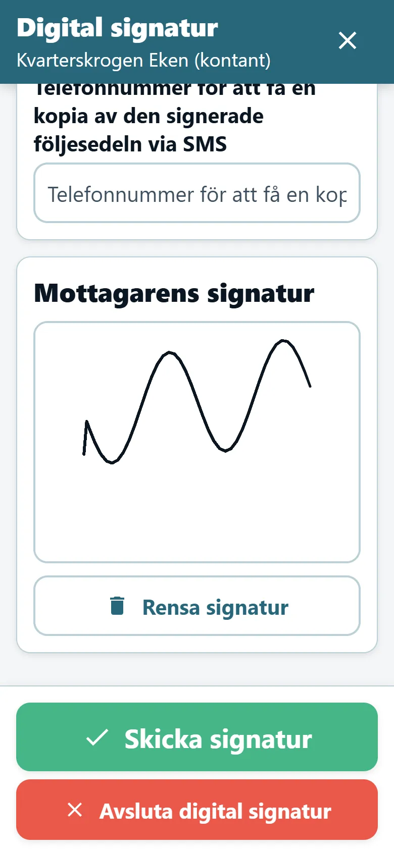 Skärmen för leveransbevis i OptiRoutes förarapp med signaturfält och en ritad signatur