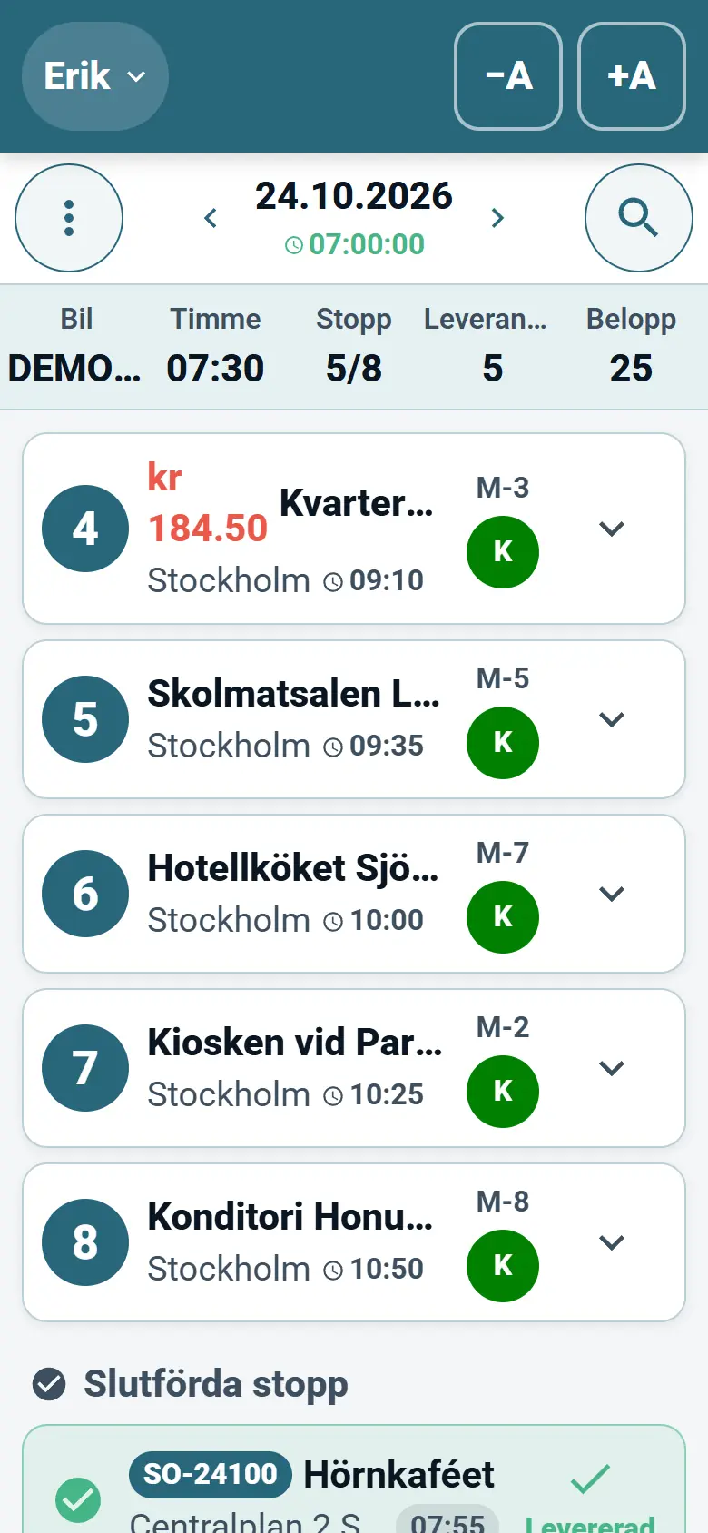 Förarappen i OptiRoutes visar dagens rutt som en lista med leveransstopp