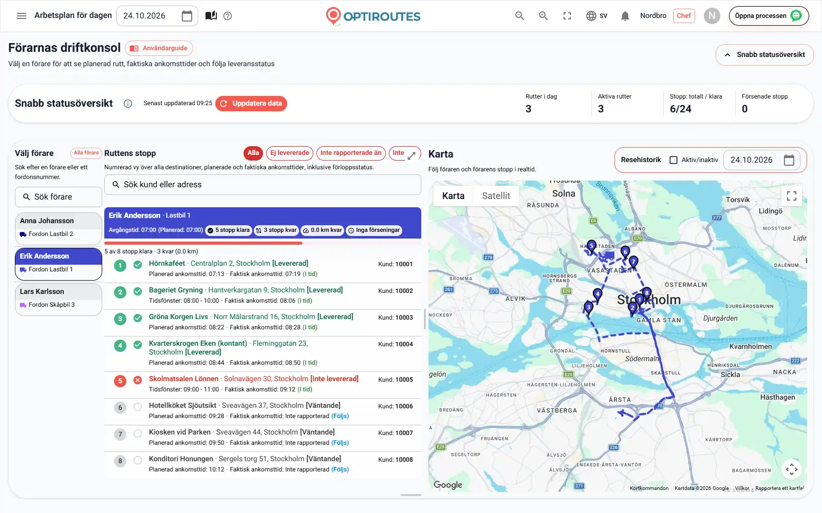 Skärmen Distribution i realtid i OptiRoutes med förarnas rutter på en livekarta och en stopplista med statusar
